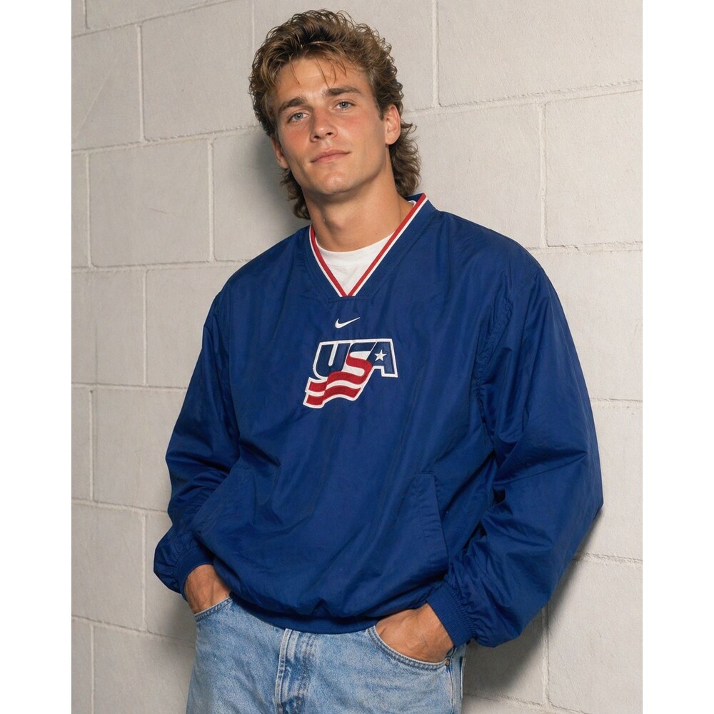 Vintage Nike Team USA Hockey Windbreaker V-Neck Embroidered Size M Pullover Blue